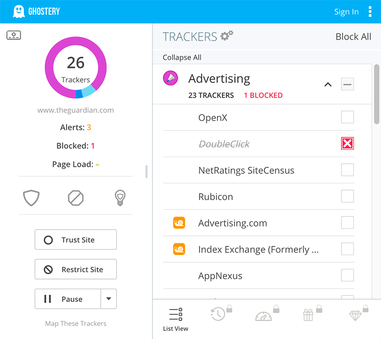 26 trackers found on the Guardian web site, lean compared with the typical major news site which uses 68.