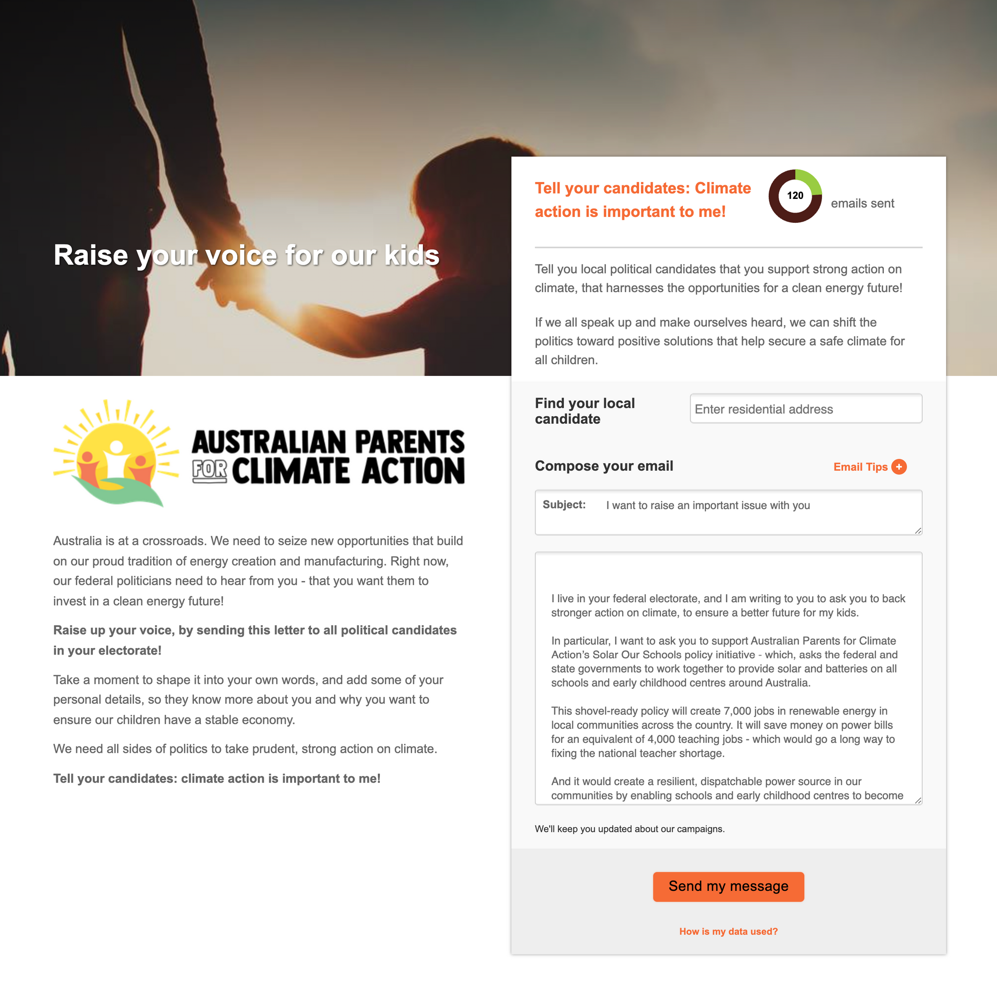 Screenshot of Australian Parents for Climate Action Do Gooder campaign